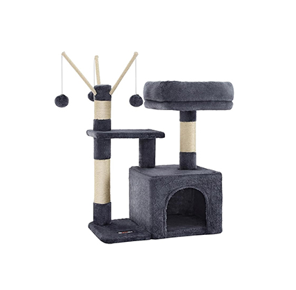 Torre Pequeña para Gatos con Plataforma Acolchada, Rascador con Cueva y 3 Pompones, Gris Ahumado, 53x33x72 cm